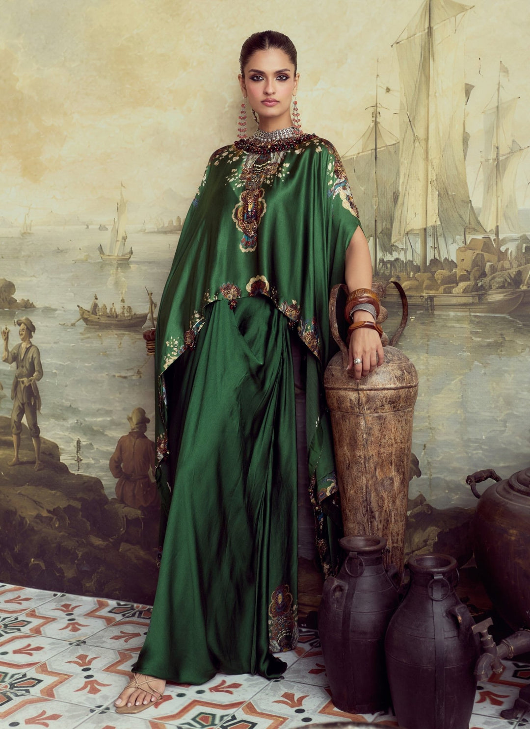 Prisho Emerald Green Modal Satin Drape Skirt Set With KaftanFabilicious Fashion