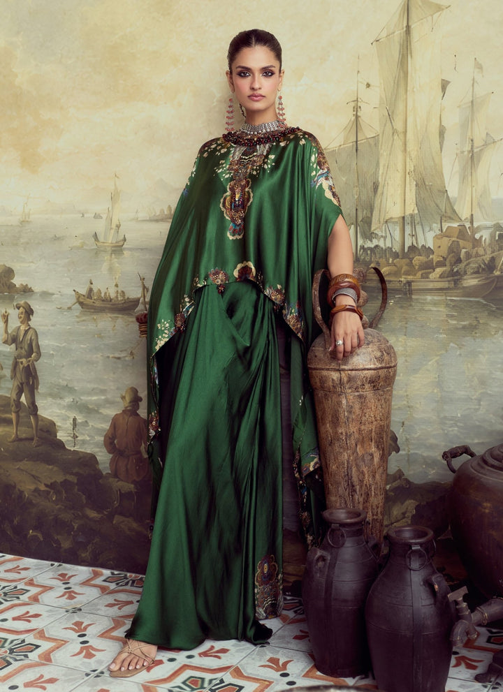 Prisho Emerald Green Modal Satin Drape Skirt Set With KaftanFabilicious Fashion