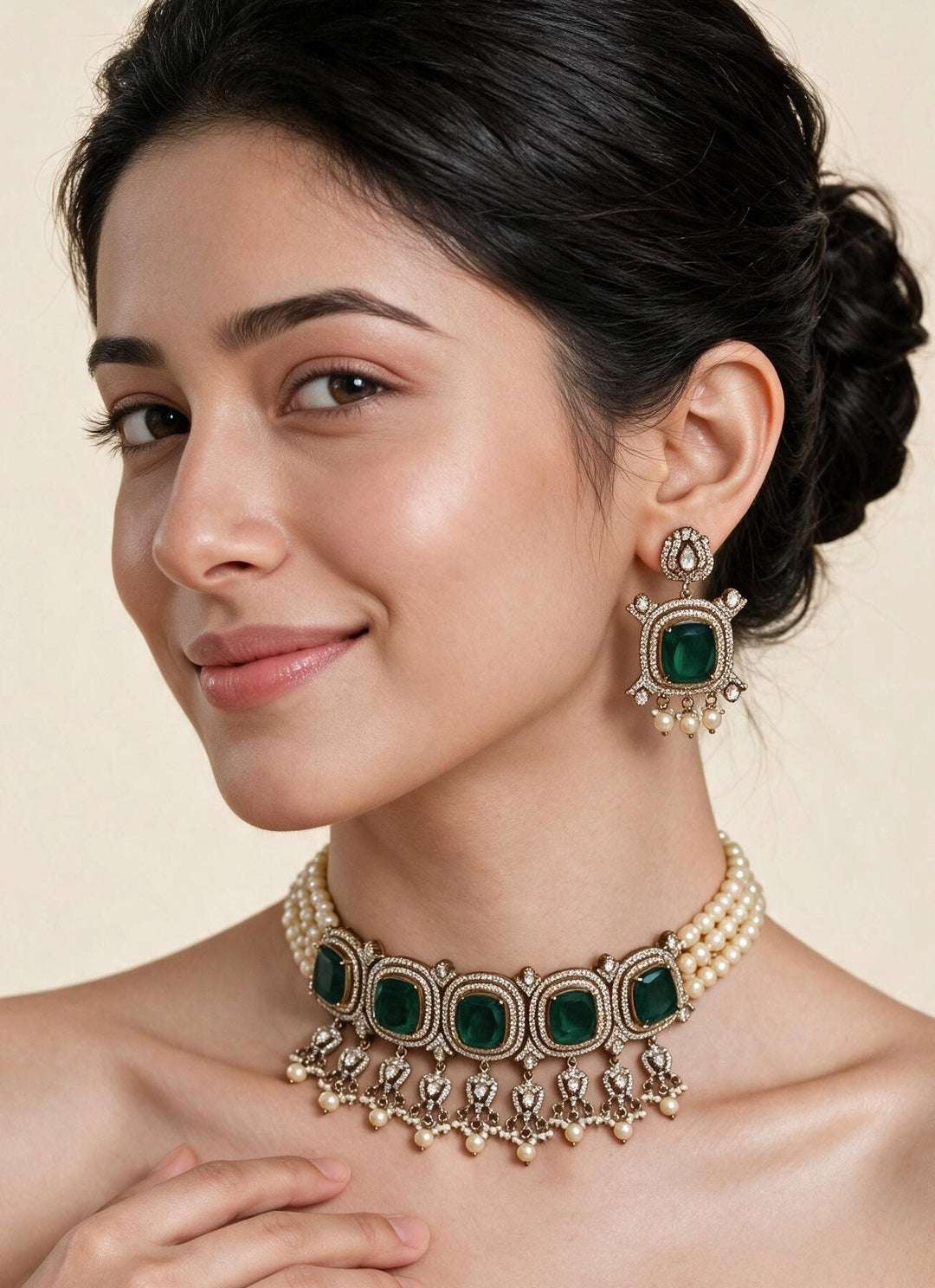 Vivinia By Vidhi Mehra Emerald Green Moissanite Pearl Choker SetFabilicious Fashion