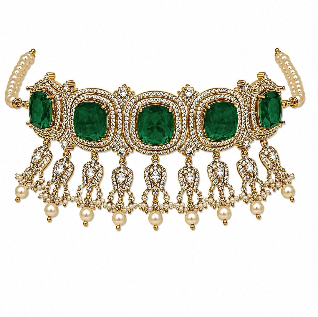 Vivinia By Vidhi Mehra Emerald Green Moissanite Pearl Choker SetFabilicious Fashion