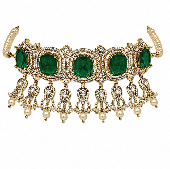 Vivinia By Vidhi Mehra Emerald Green Moissanite Pearl Choker SetFabilicious Fashion