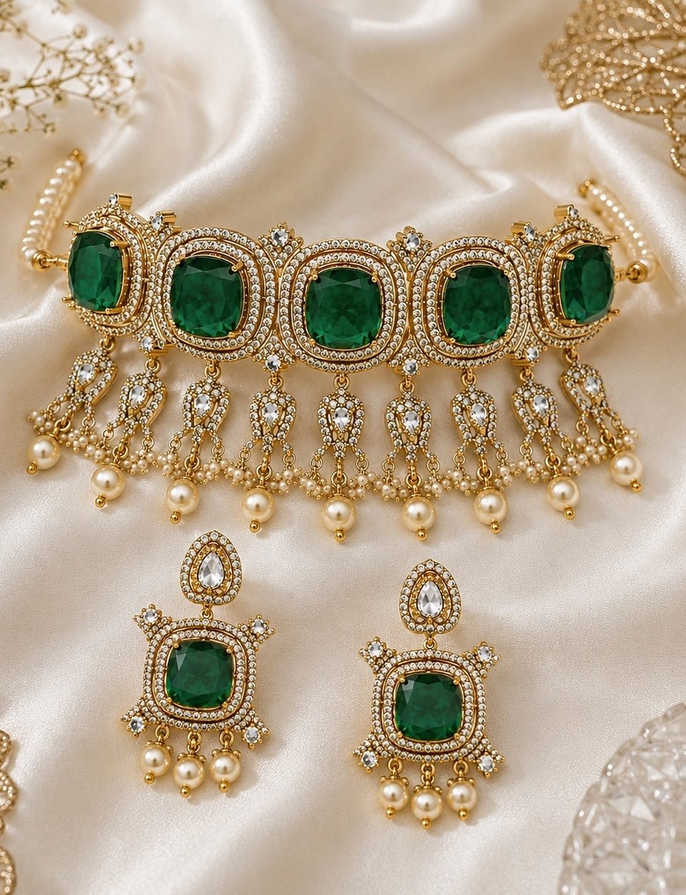 Vivinia By Vidhi Mehra Emerald Green Moissanite Pearl Choker SetFabilicious Fashion