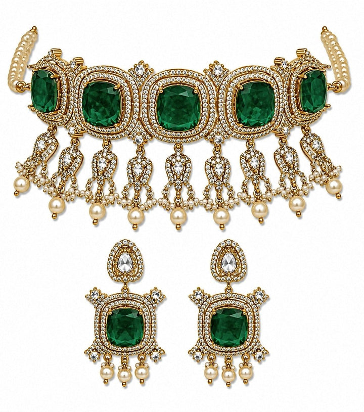 Vivinia By Vidhi Mehra Emerald Green Moissanite Pearl Choker SetFabilicious Fashion