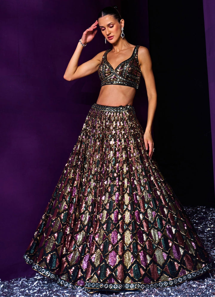 Emerald Green Multi Colour Sequins Lehenga Set Angad Singh - Fabilicious Fashion