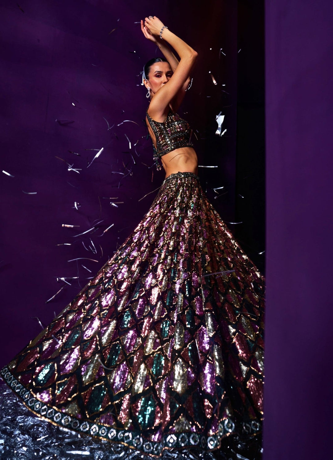 Emerald Green Multi Colour Sequins Lehenga Set Angad Singh - Fabilicious Fashion