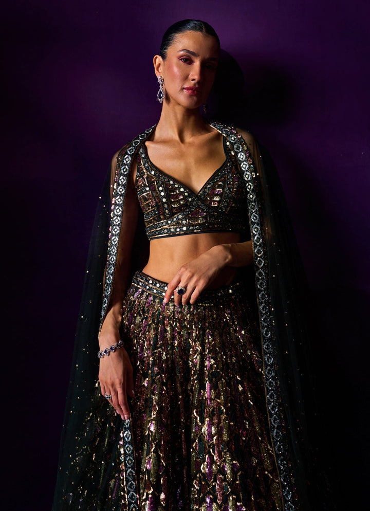 Emerald Green Multi Colour Sequins Lehenga Set Angad Singh - Fabilicious Fashion