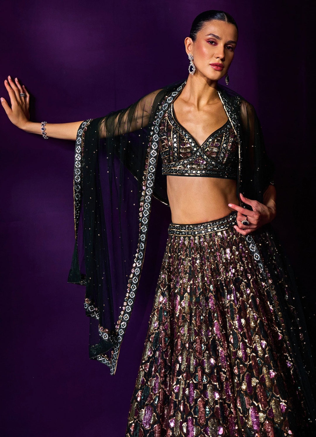 Emerald Green Multi Colour Sequins Lehenga Set Angad Singh - Fabilicious Fashion