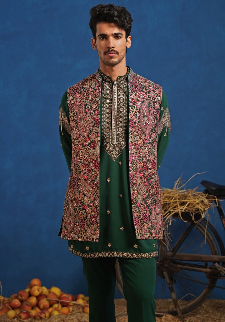 Emerald Green Multicolour Georgette Short Kurta Jacket Set Kalpraag - Fabilicious Fashion