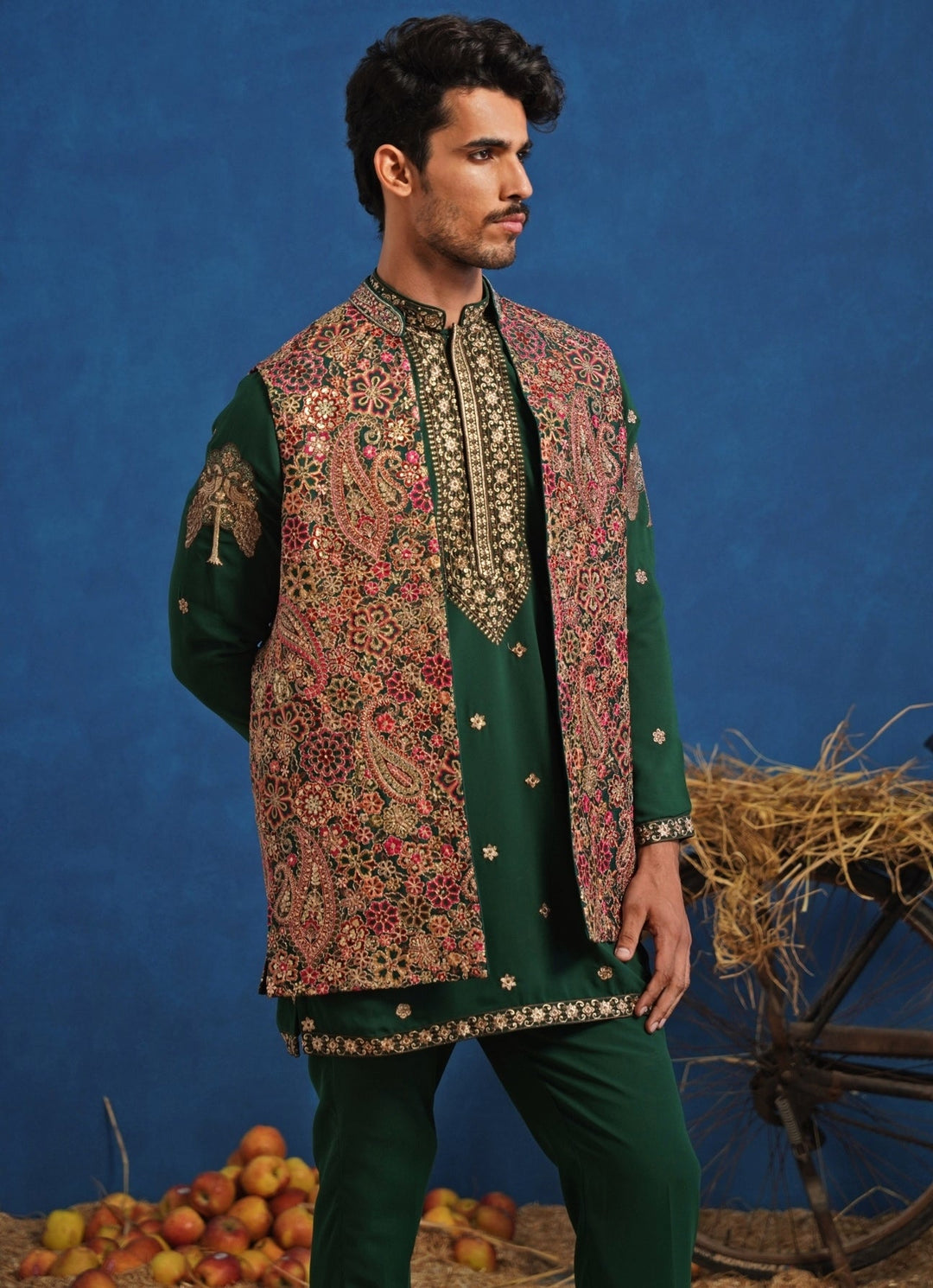 Emerald Green Multicolour Georgette Short Kurta Jacket Set Kalpraag - Fabilicious Fashion