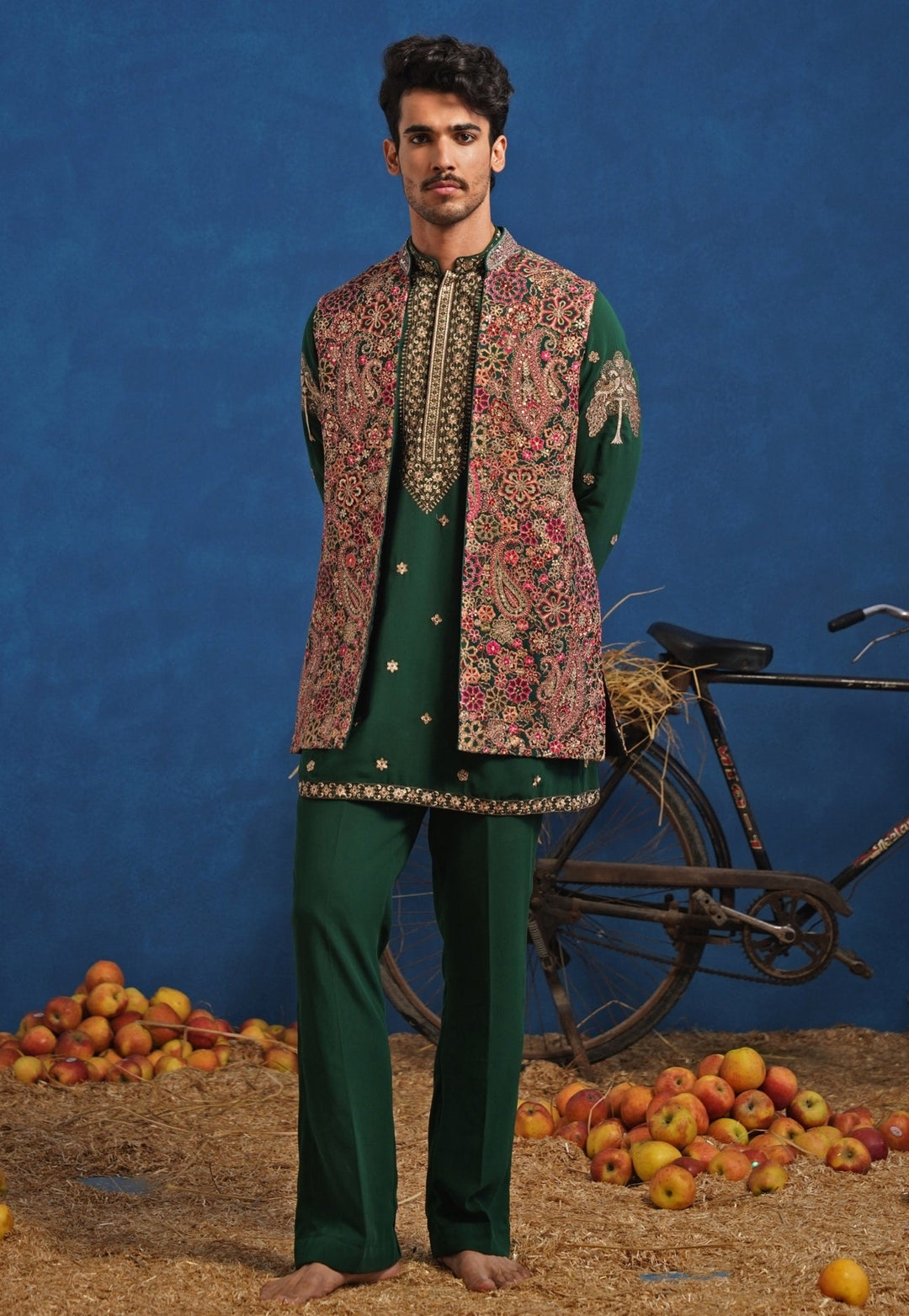 Emerald Green Multicolour Georgette Short Kurta Jacket Set Kalpraag - Fabilicious Fashion