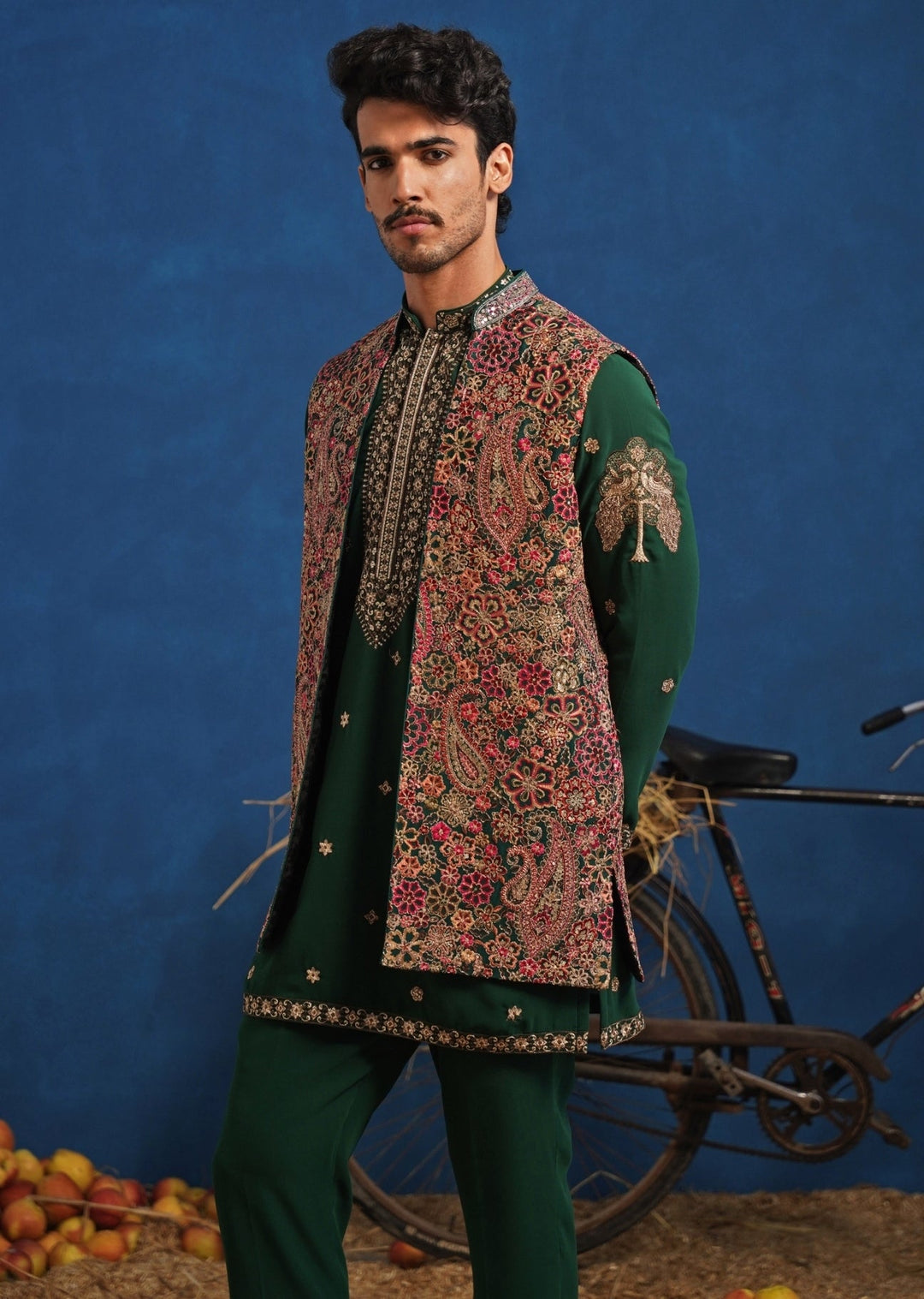 Emerald Green Multicolour Georgette Short Kurta Jacket Set Kalpraag - Fabilicious Fashion