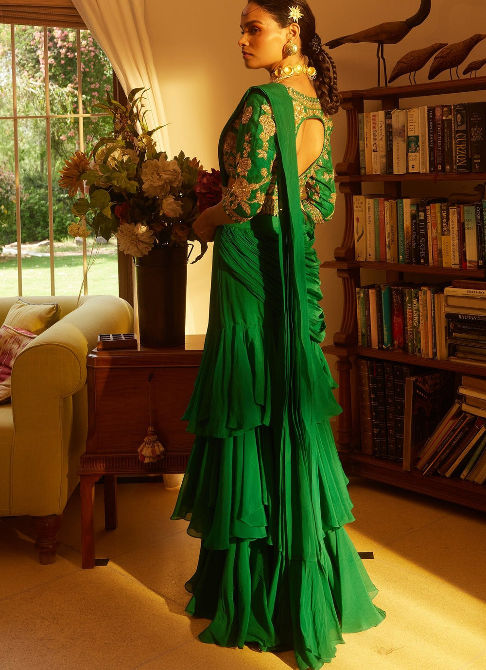 Emerald Green Organza Predraped Saree Paulmi and Harsh - Fabilicious Fashion