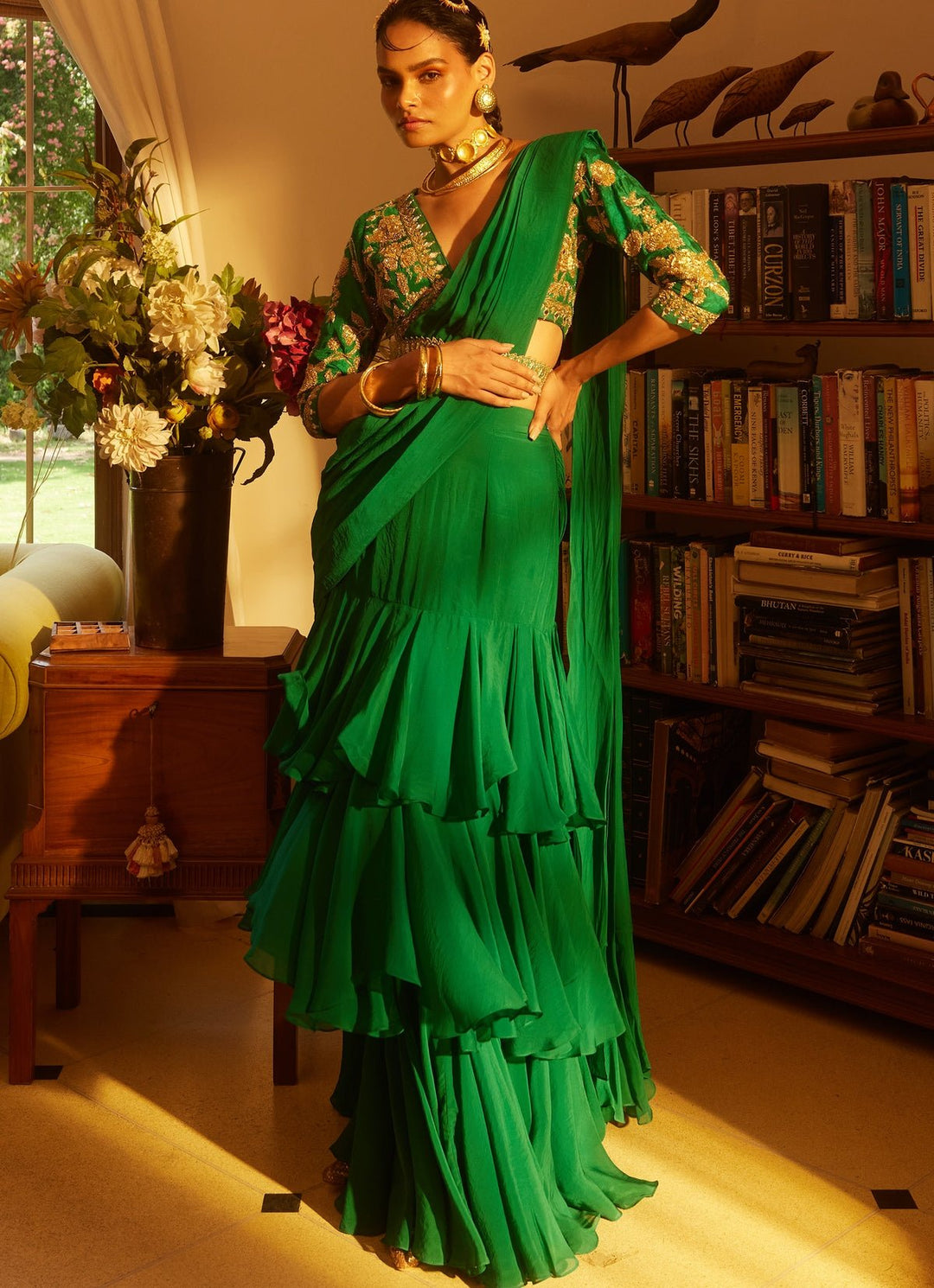 Emerald Green Organza Predraped Saree Paulmi and Harsh - Fabilicious Fashion