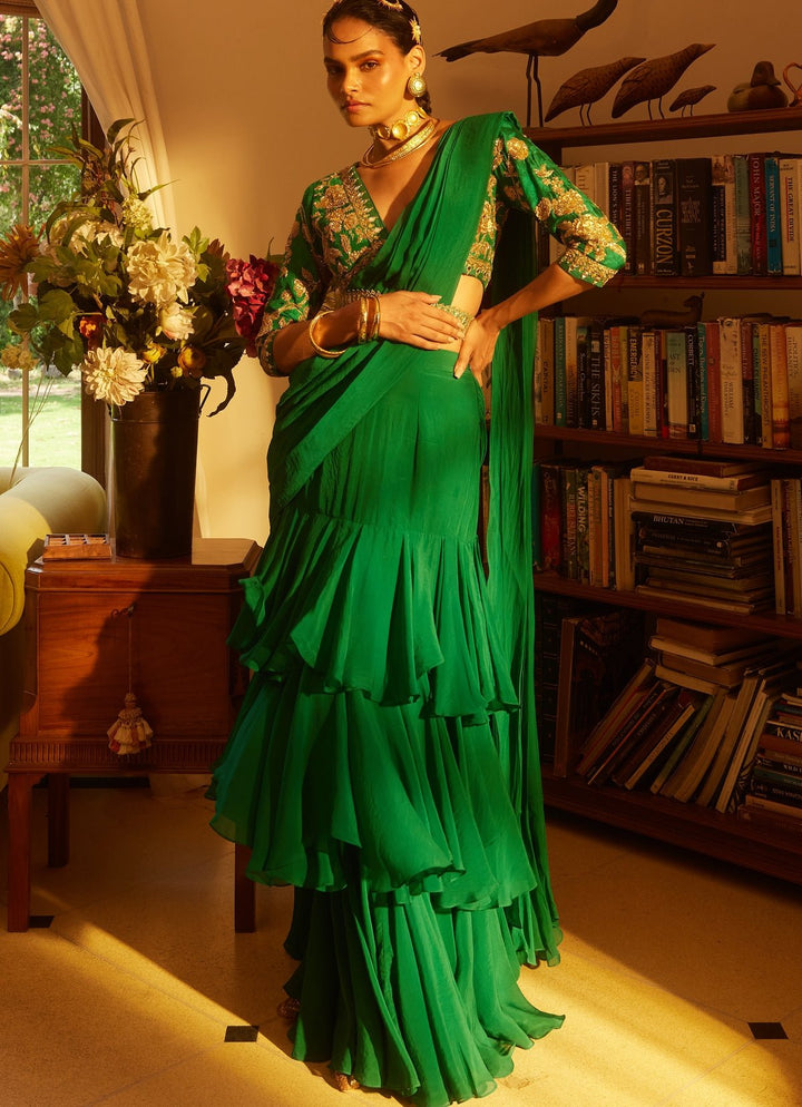 Emerald Green Organza Predraped Saree Paulmi and Harsh - Fabilicious Fashion