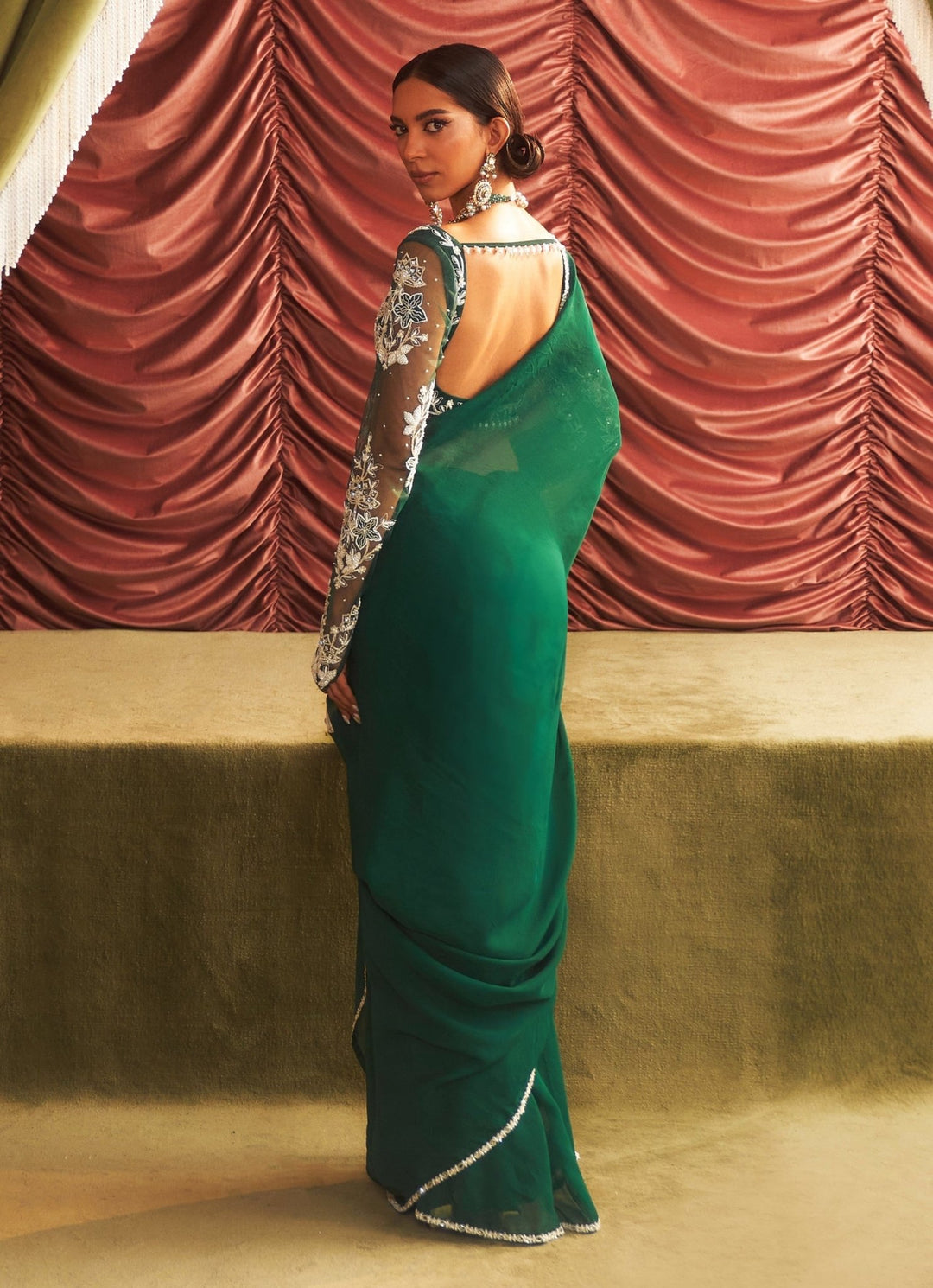 Emerald Green Organza Saree With Full Sleeves Embroidered Blouse Seema Thukral - Fabilicious Fashion