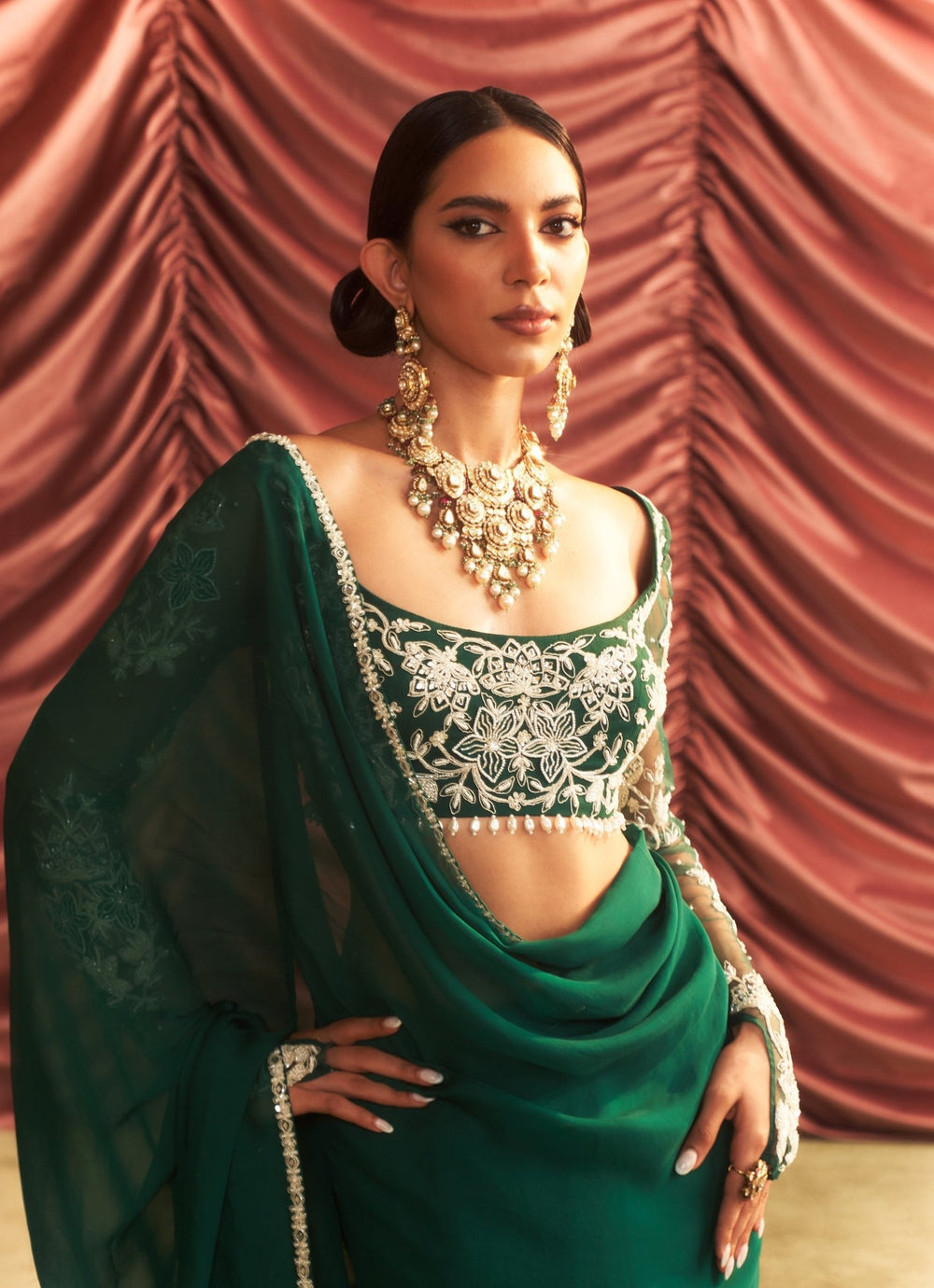 Emerald Green Organza Saree With Full Sleeves Embroidered Blouse Seema Thukral - Fabilicious Fashion