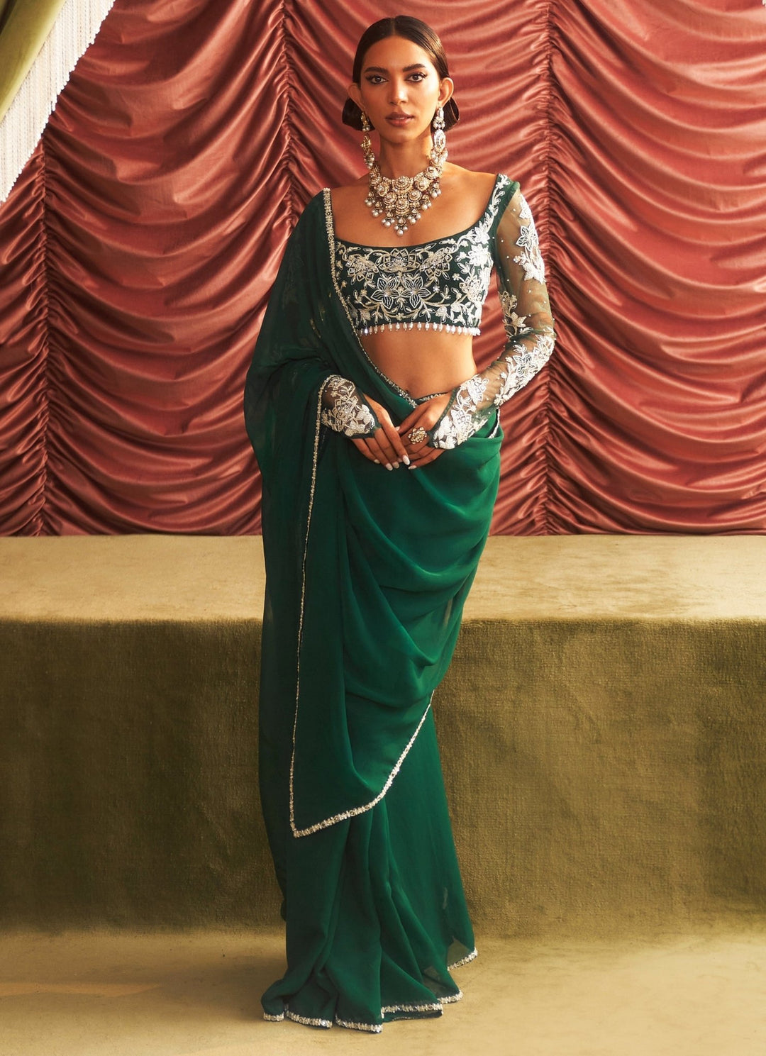 Emerald Green Organza Saree With Full Sleeves Embroidered Blouse Seema Thukral - Fabilicious Fashion