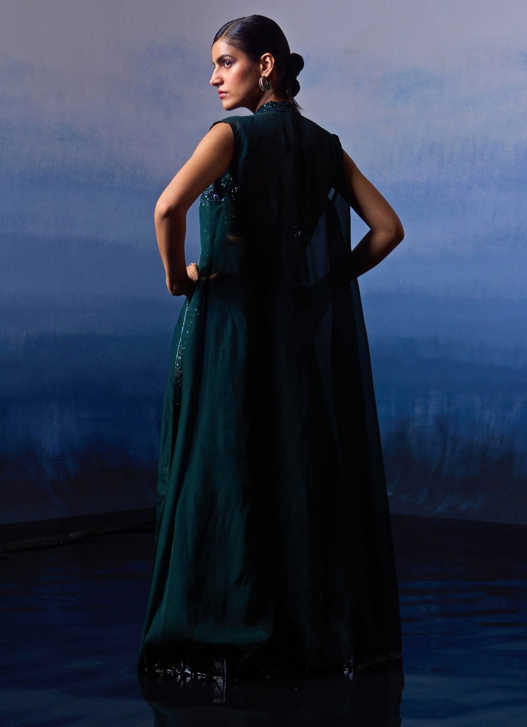 Angad Singh Emerald Green Organza Blouse Sharara With Cape 3XL Angad Singh Emerald Green Organza Blouse Sharara With Cape 3XL