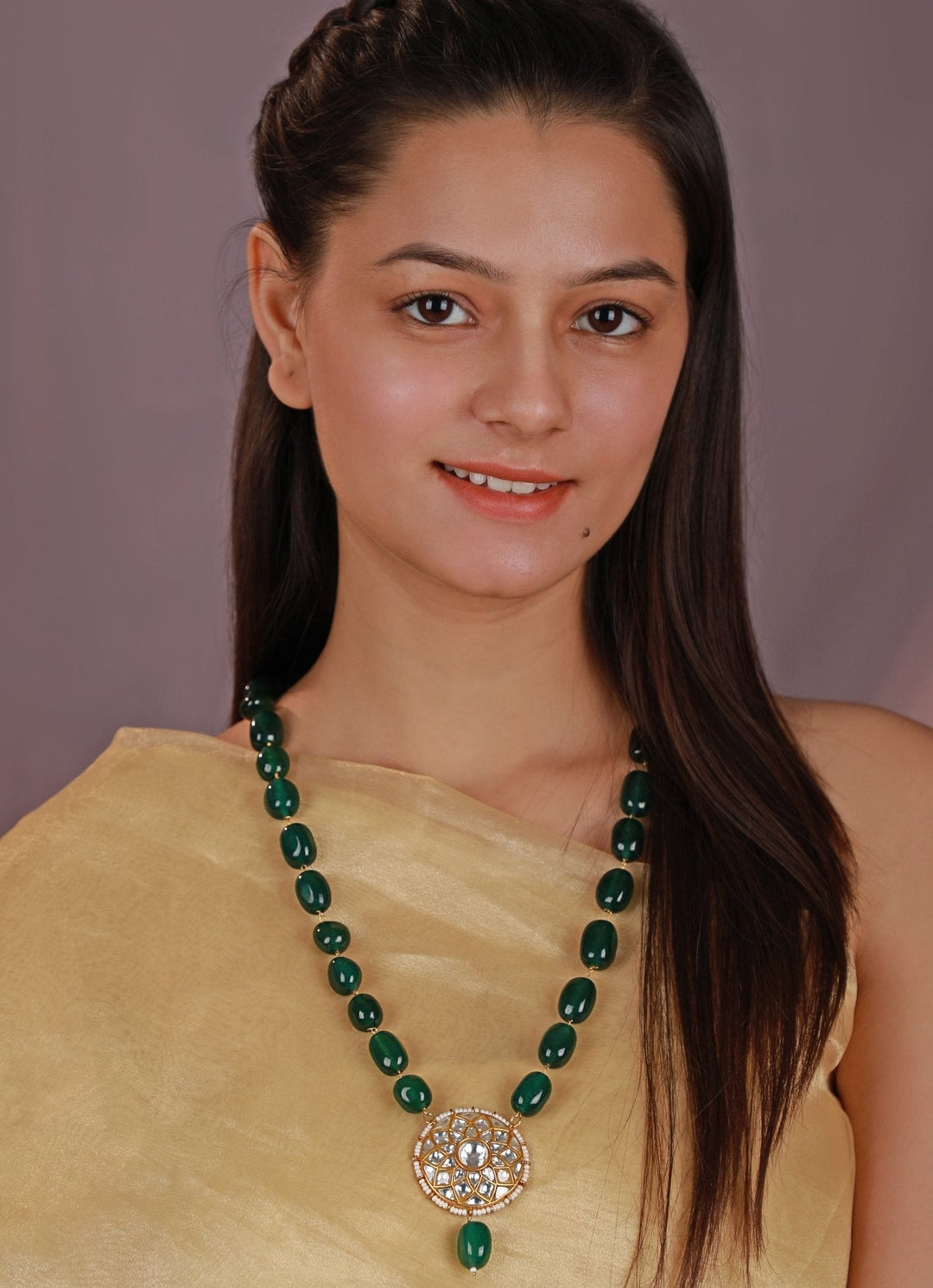 Emerald Green Oval Beaded Pendant Long Maala Kalyani Indian Jewelry - Fabilicious Fashion