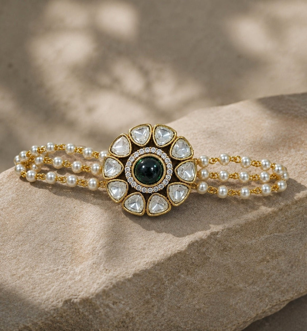 Vivinia By Vidhi Mehra Emerald Green Polki And Pearl Floral BraceletFabilicious Fashion