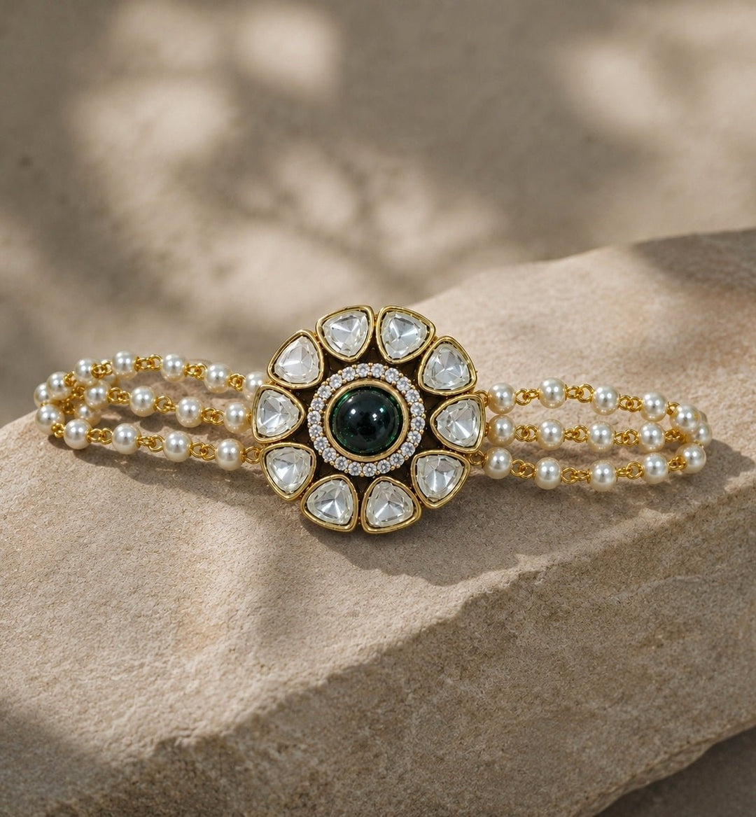 Vivinia By Vidhi Mehra Emerald Green Polki And Pearl Floral BraceletFabilicious Fashion