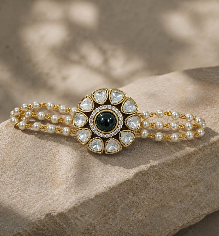 Vivinia By Vidhi Mehra Emerald Green Polki And Pearl Floral BraceletFabilicious Fashion