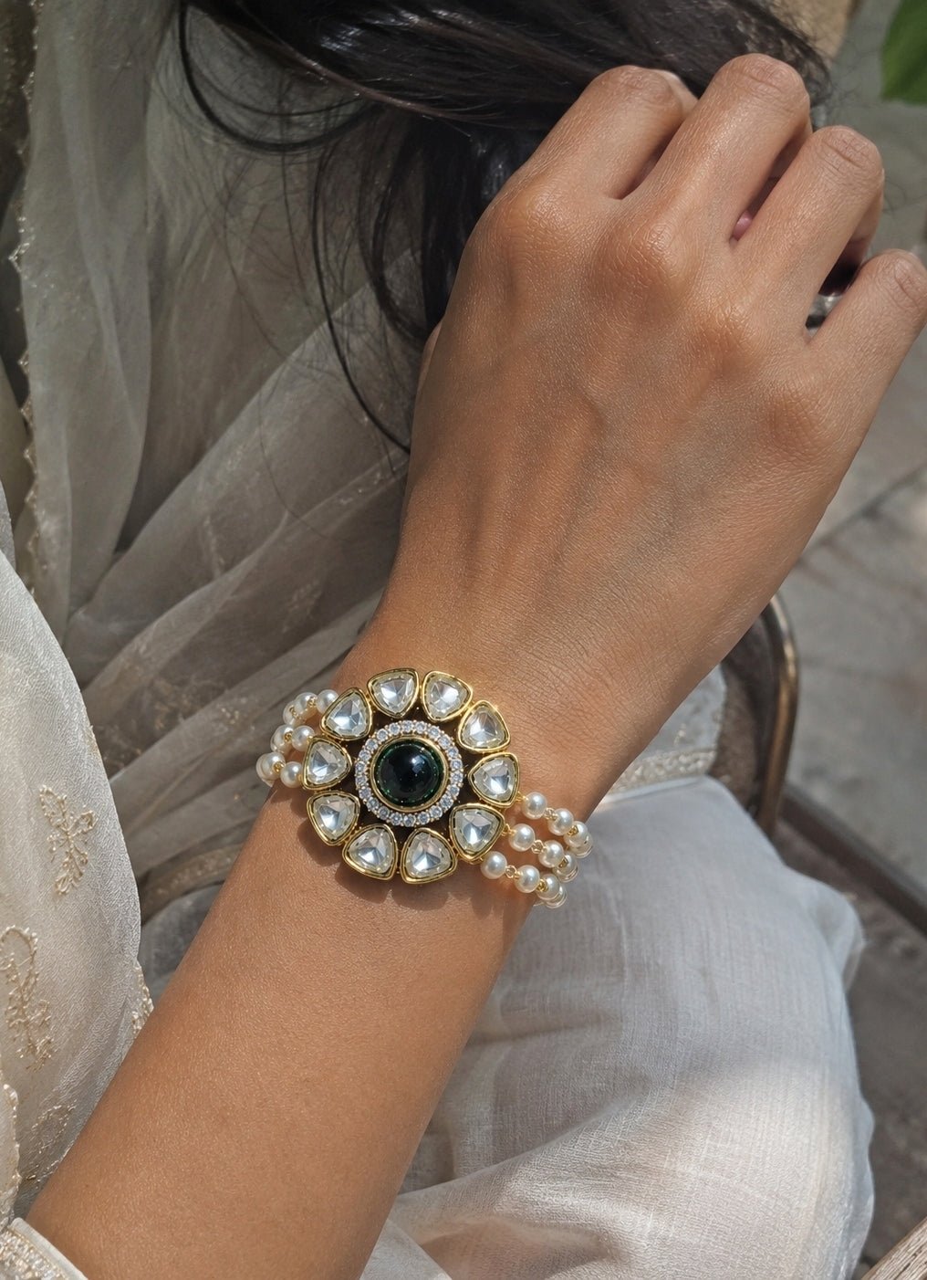 Vivinia By Vidhi Mehra Emerald Green Polki And Pearl Floral BraceletFabilicious Fashion