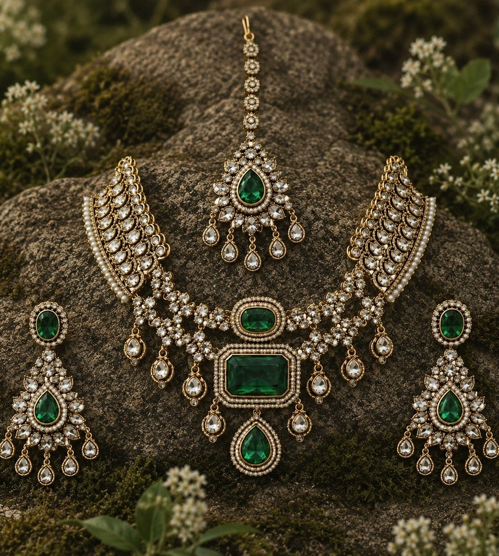 Vivinia By Vidhi Mehra Emerald Green Polki Bridal Necklace SetFabilicious Fashion