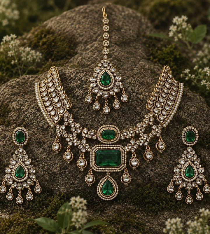 Vivinia By Vidhi Mehra Emerald Green Polki Bridal Necklace SetFabilicious Fashion