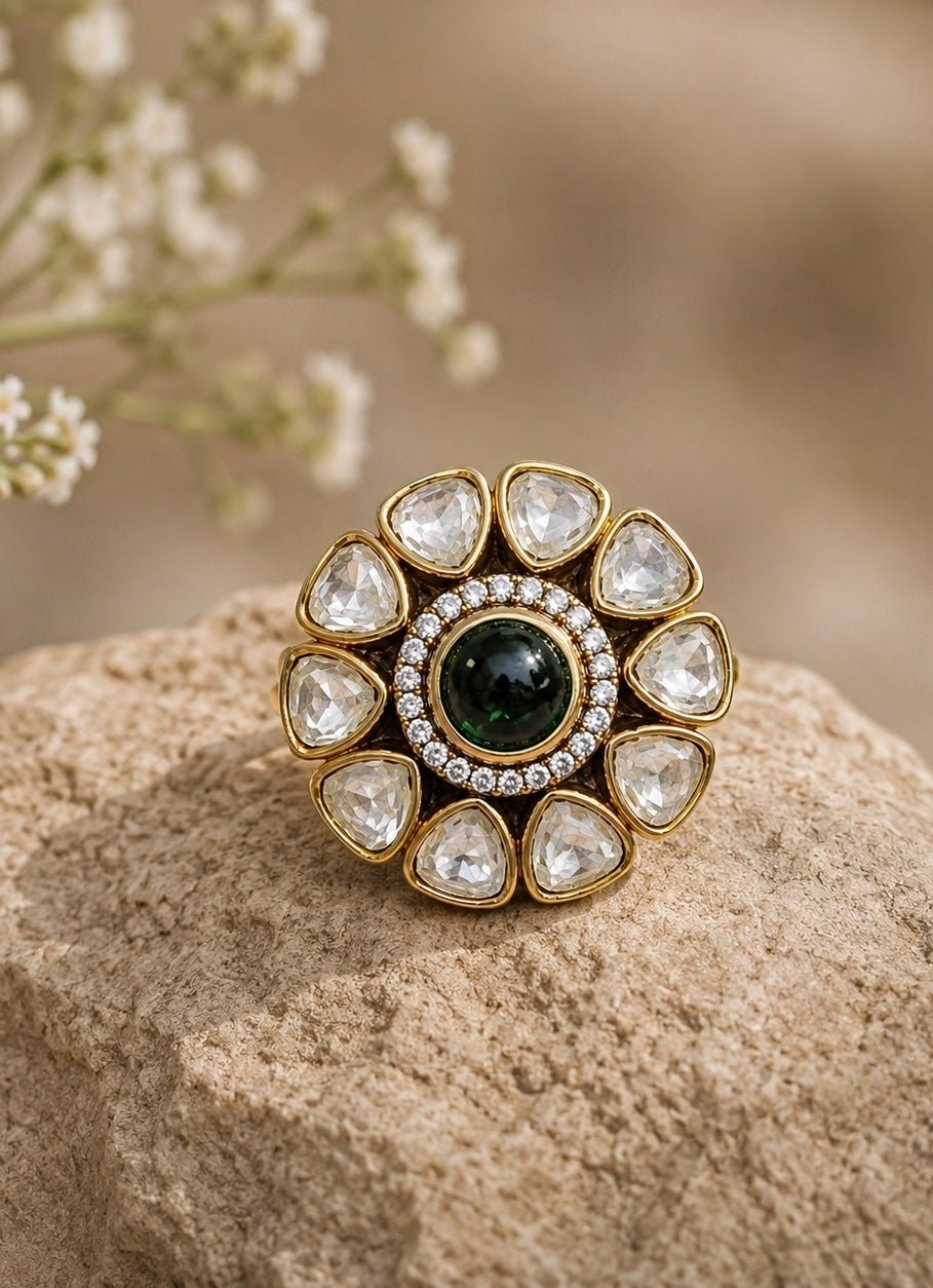 Vivinia By Vidhi Mehra Emerald Green Polki Floral RingFabilicious Fashion