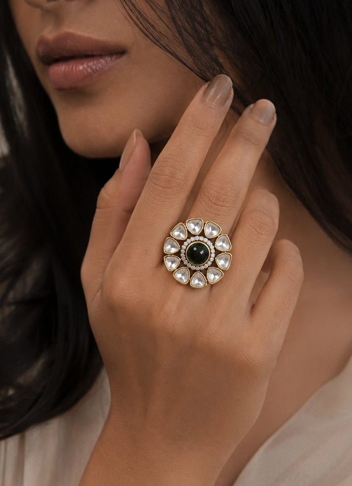 Vivinia By Vidhi Mehra Emerald Green Polki Floral RingFabilicious Fashion