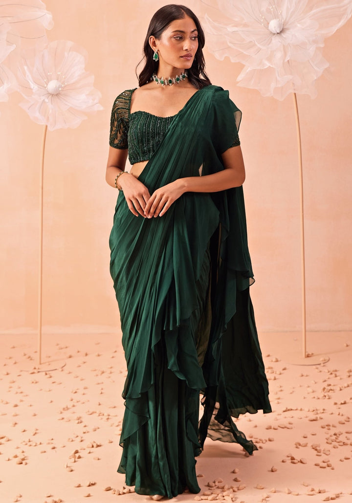 Emerald Green Pre - Draped Saree Set Parul Gandhi - Fabilicious Fashion
