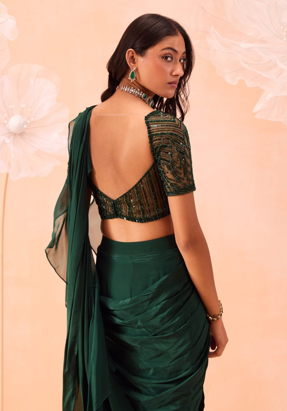 Emerald Green Pre - Draped Saree Set Parul Gandhi - Fabilicious Fashion