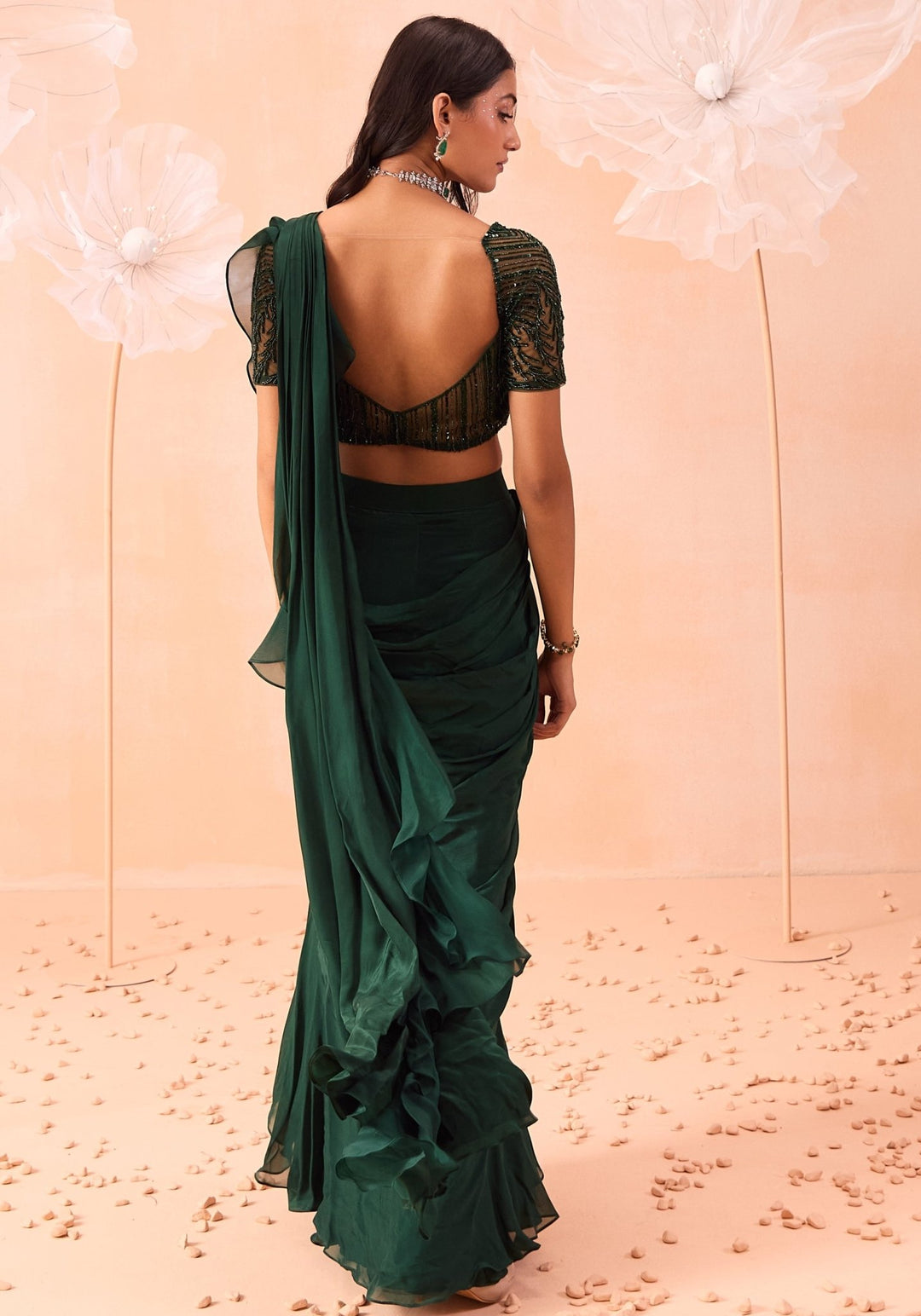 Emerald Green Pre - Draped Saree Set Parul Gandhi - Fabilicious Fashion
