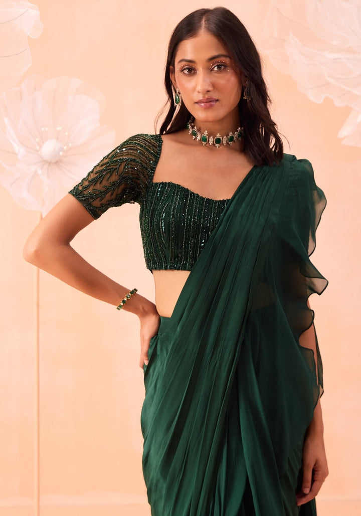 Emerald Green Pre - Draped Saree Set Parul Gandhi - Fabilicious Fashion
