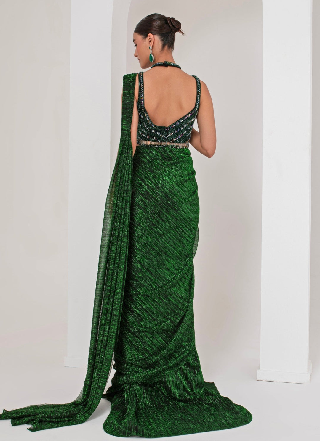 Emerald Green Pre - Draped Saree Akara - Fabilicious Fashion