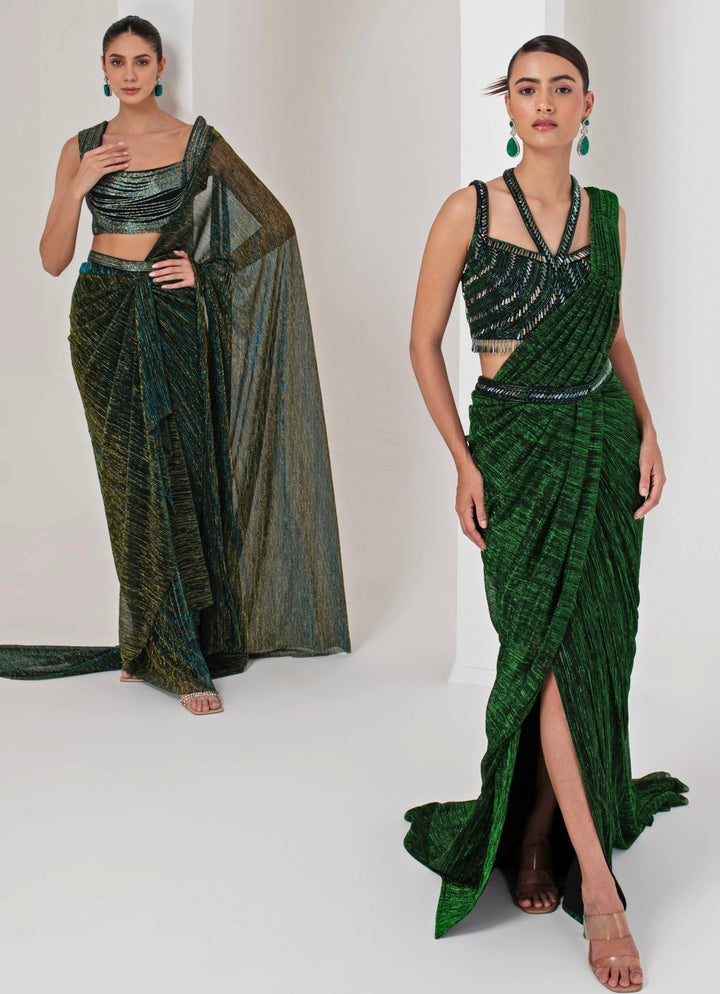 Emerald Green Pre - Draped Saree Akara - Fabilicious Fashion