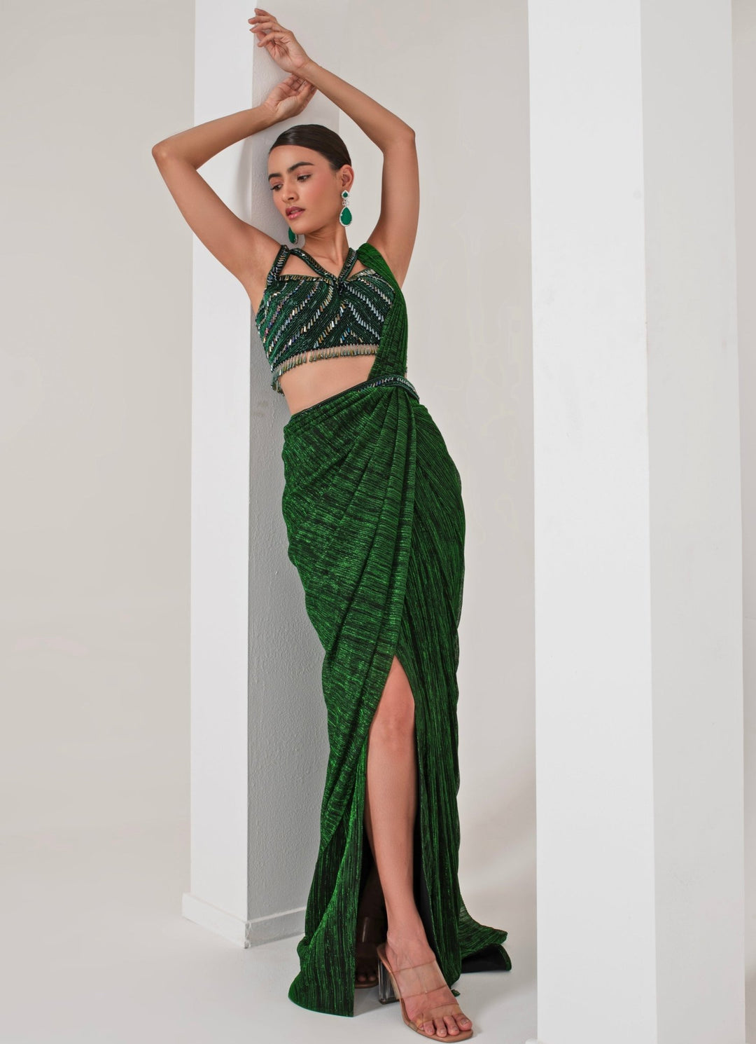 Emerald Green Pre - Draped Saree Akara - Fabilicious Fashion
