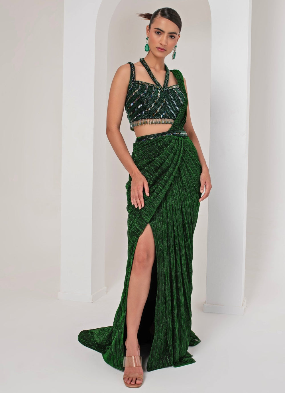 Emerald Green Pre - Draped Saree Akara - Fabilicious Fashion