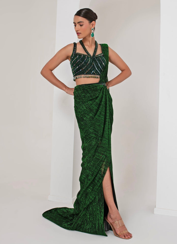 Emerald Green Pre - Draped Saree Akara - Fabilicious Fashion