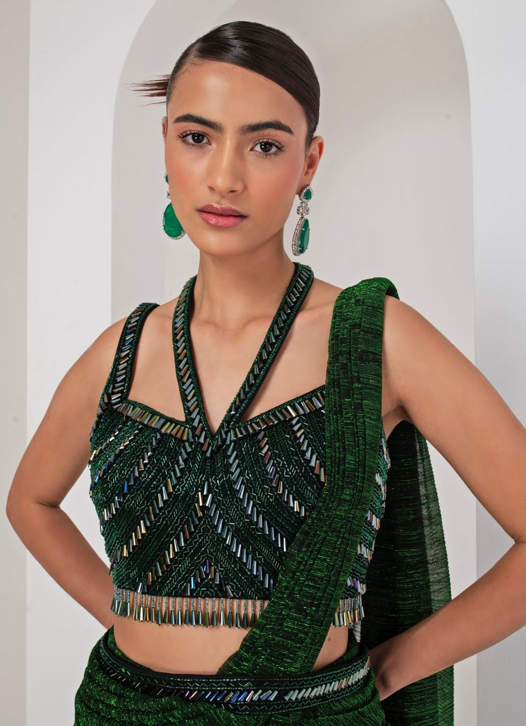 Emerald Green Pre - Draped Saree Akara - Fabilicious Fashion