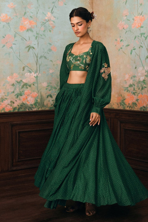 Emerald green printed cotton silk lehenga set with cape by Paulmi and Harsh