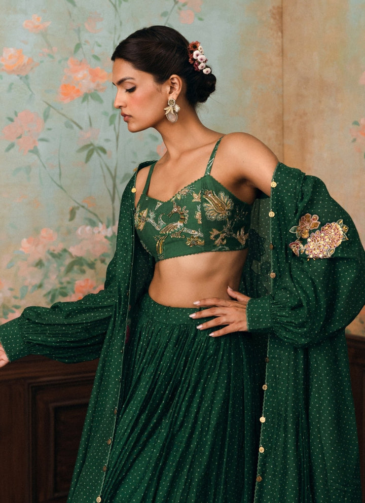 Paulmi and Harsh Emerald Green Printed Cotton Silk Lehenga Set With CapeFabilicious Fashion