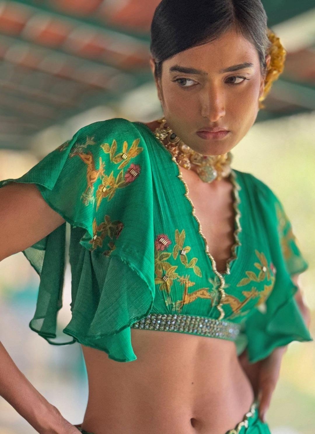 Emerald Green Printed Crop Top Pant Basil Leaf - Fabilicious Fashion