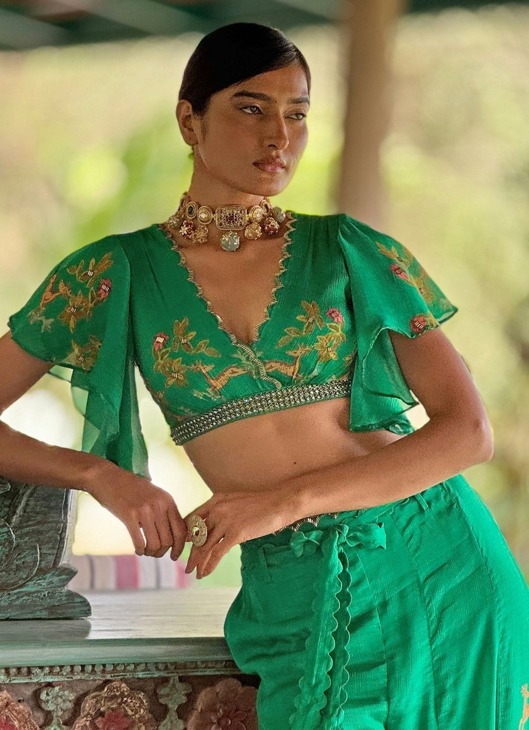 Emerald Green Printed Crop Top Pant Basil Leaf - Fabilicious Fashion