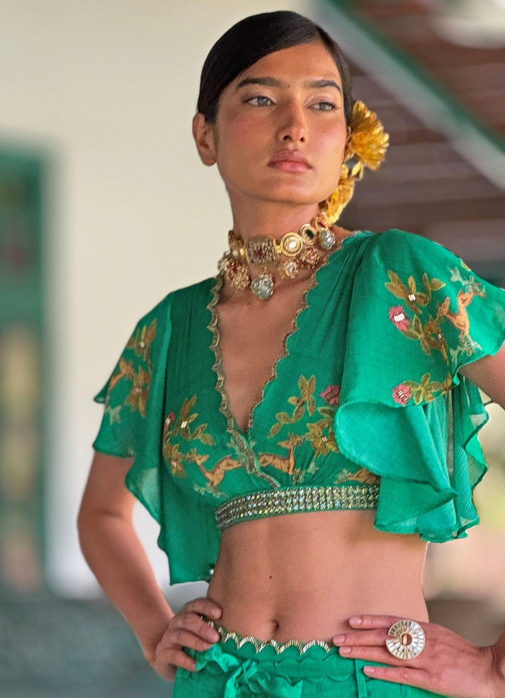 Emerald Green Printed Crop Top Pant Basil Leaf - Fabilicious Fashion