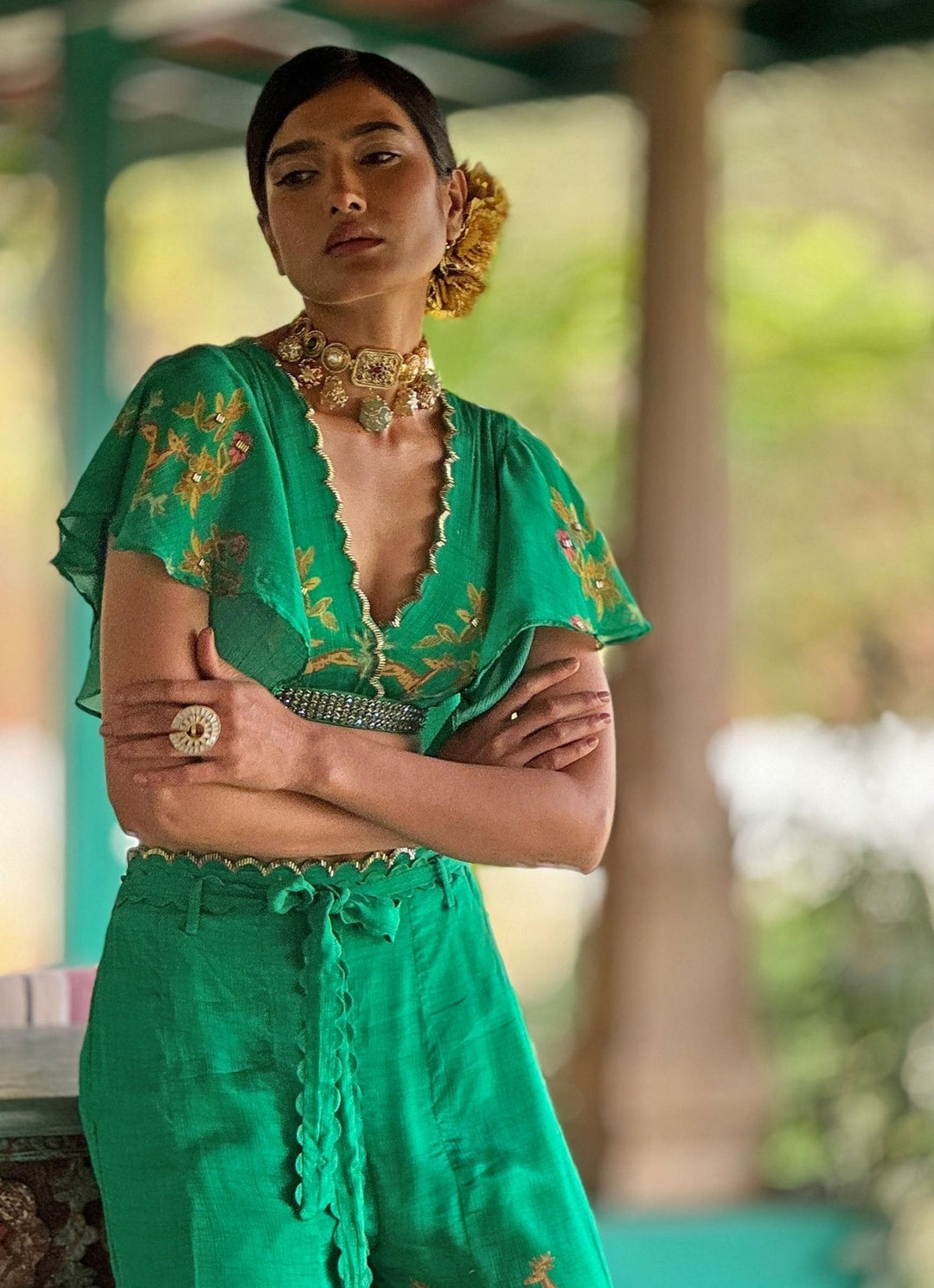 Emerald Green Printed Crop Top Pant Basil Leaf - Fabilicious Fashion
