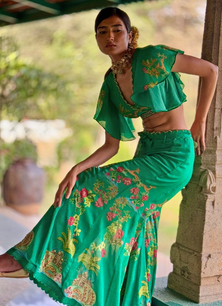 Emerald Green Printed Crop Top Pant Basil Leaf - Fabilicious Fashion