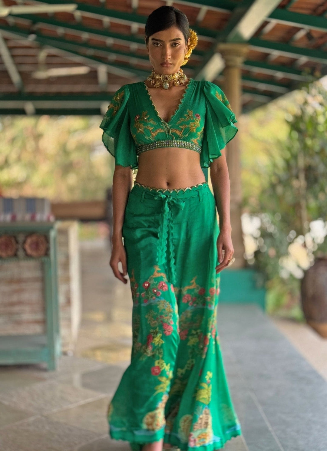 Emerald Green Printed Crop Top Pant Basil Leaf - Fabilicious Fashion