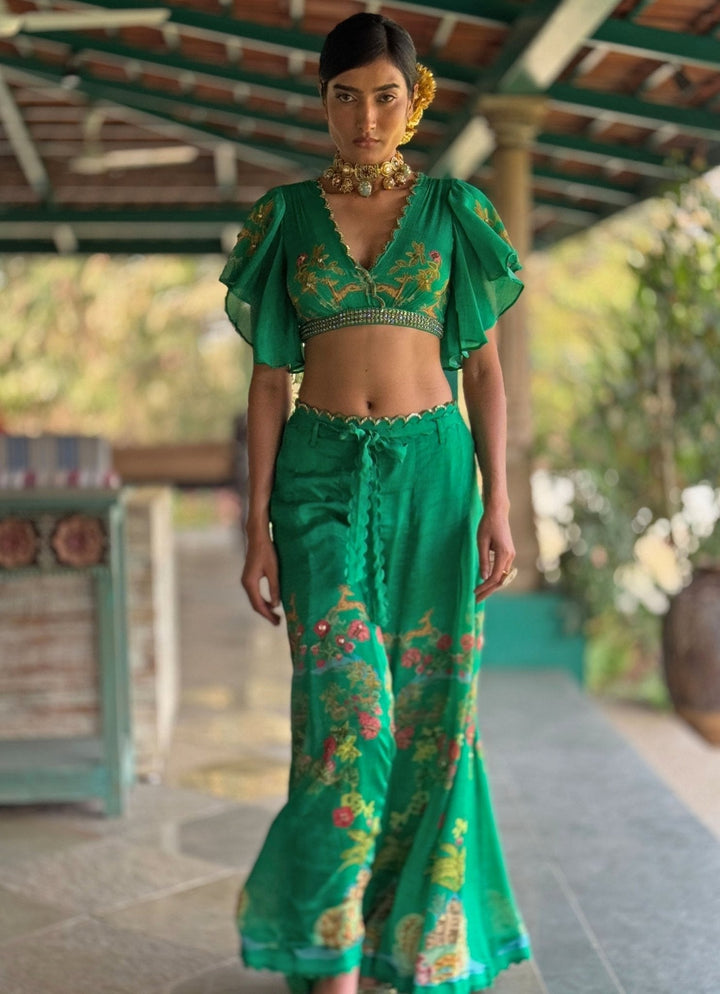 Emerald Green Printed Crop Top Pant Basil Leaf - Fabilicious Fashion